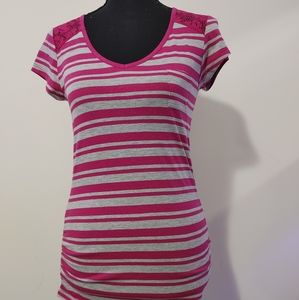 Pink And Gray Striped Medium Top With Laced Back